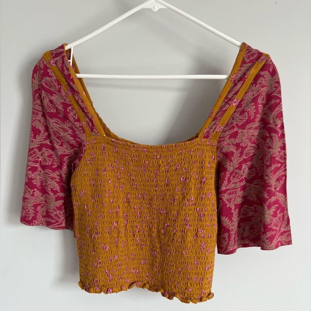 FREE PEOPLE Marigold Top - Size Small-Golden Floral Smocked Boho Crop Blouse-NWT - Picture 5 of 16